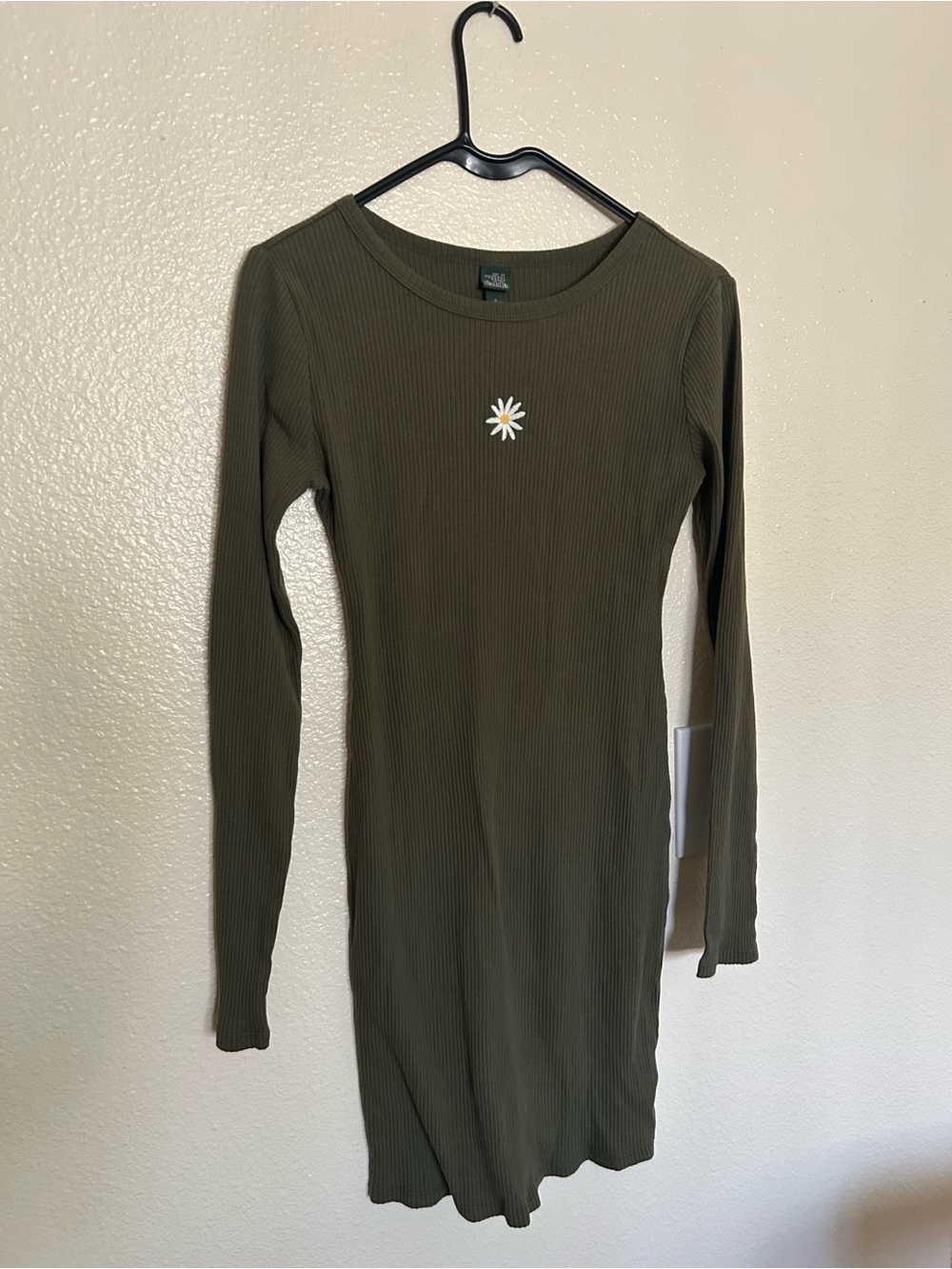 wild fable Olive Green Ribbed Long Sleeve Bodycon Dress with Daisy